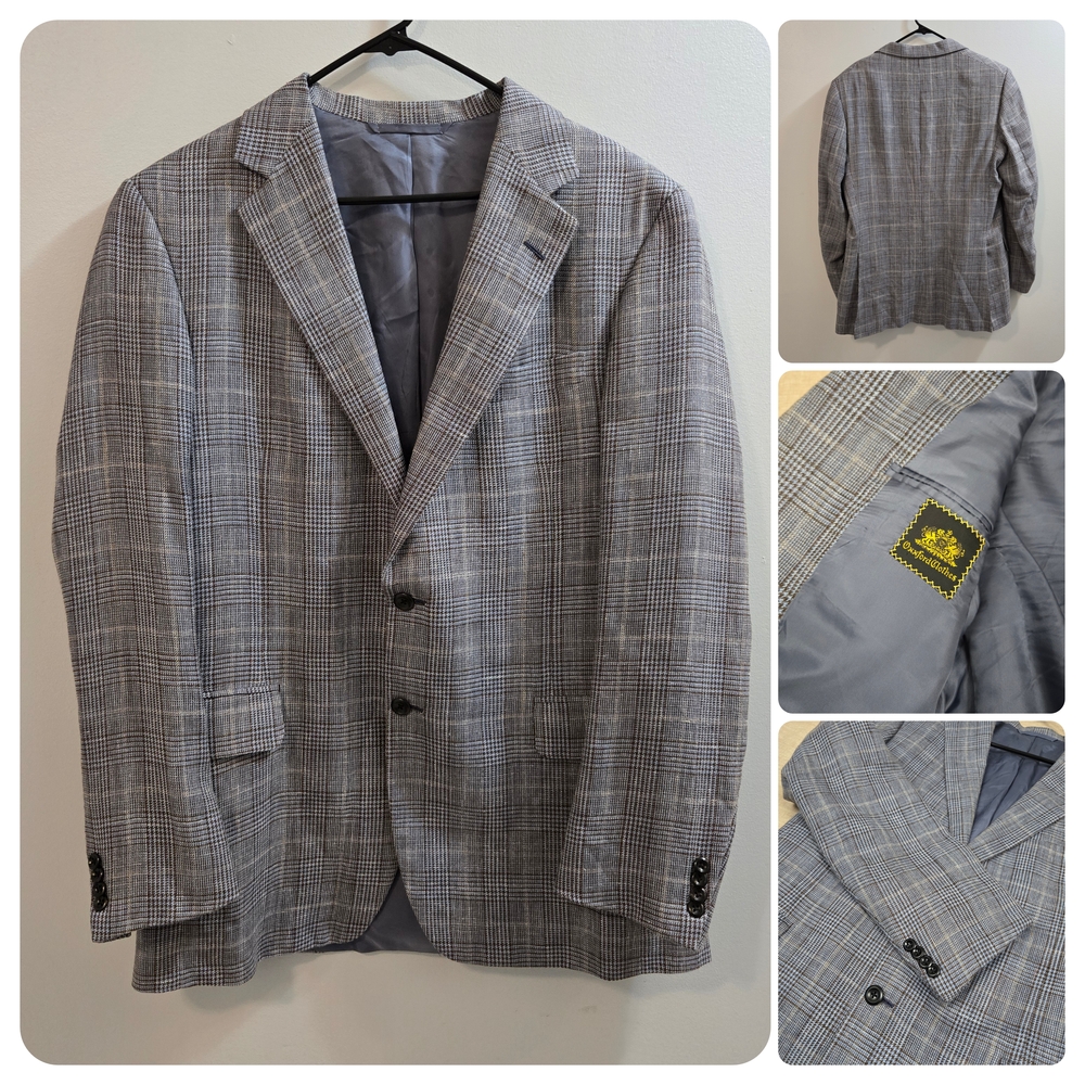 OXXFORD CLOTHES Men's Gray Check Silk Linen Wool Blazer 42L